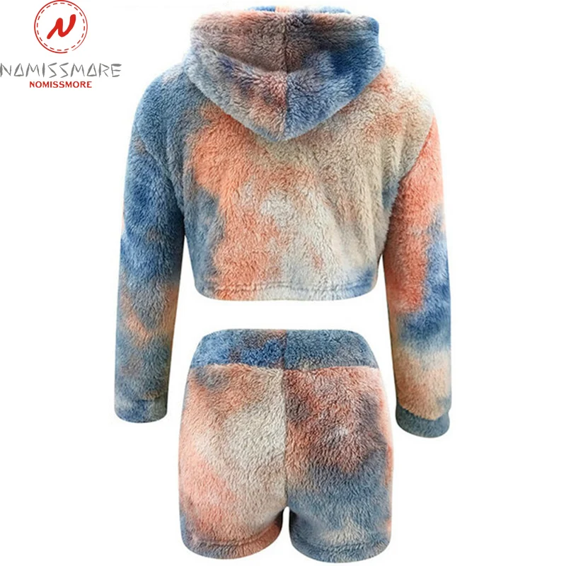 

2 Piece Soft Warm Plush Outfits for Women Hooded Decor O-Neck Long Sleeve Leopard Print Short Top+Elastic High Waist Slim Shorts