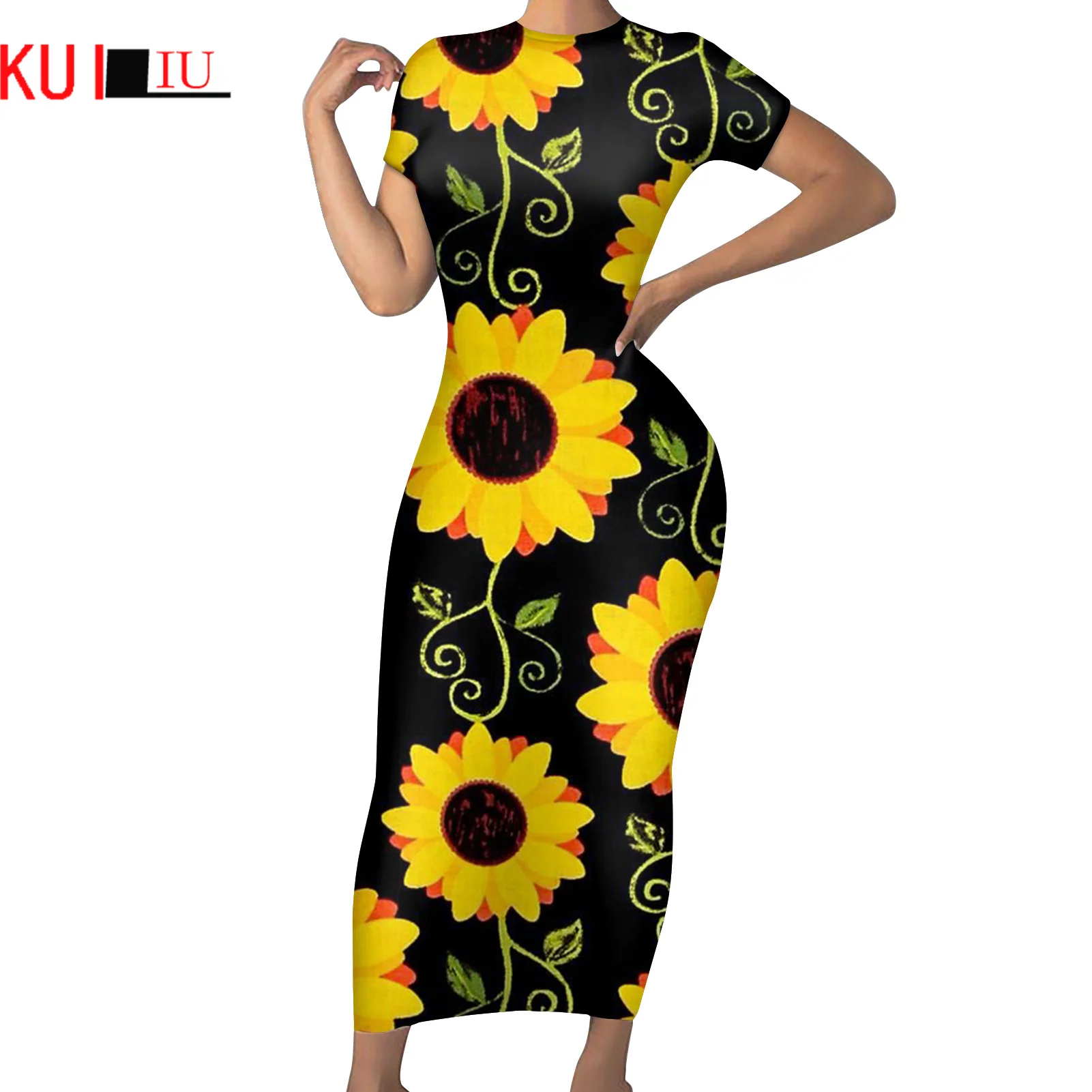 

KUILIU Sexy Women's Luxury Floral Pattern Long Dress Vintage Sunflowers Short Sleeve Robe Female Casual Bodycon Dress
