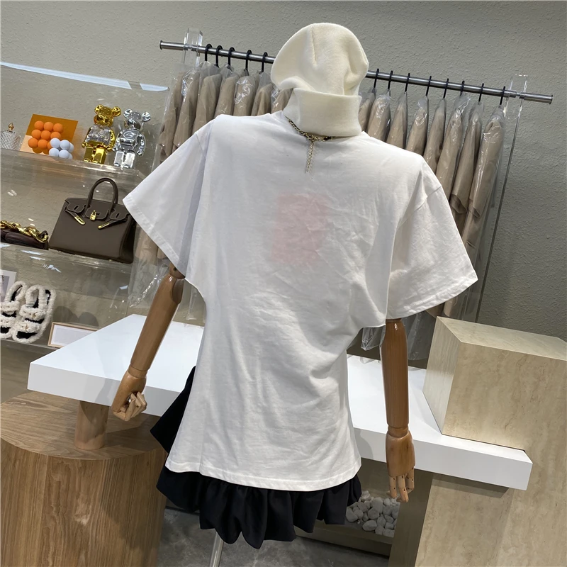 

Brand Original Design 2021 Loin Zipper Hollow Short Sleeve Letter T - Shirt + Elastic Waist Bouffant Skirt Suit