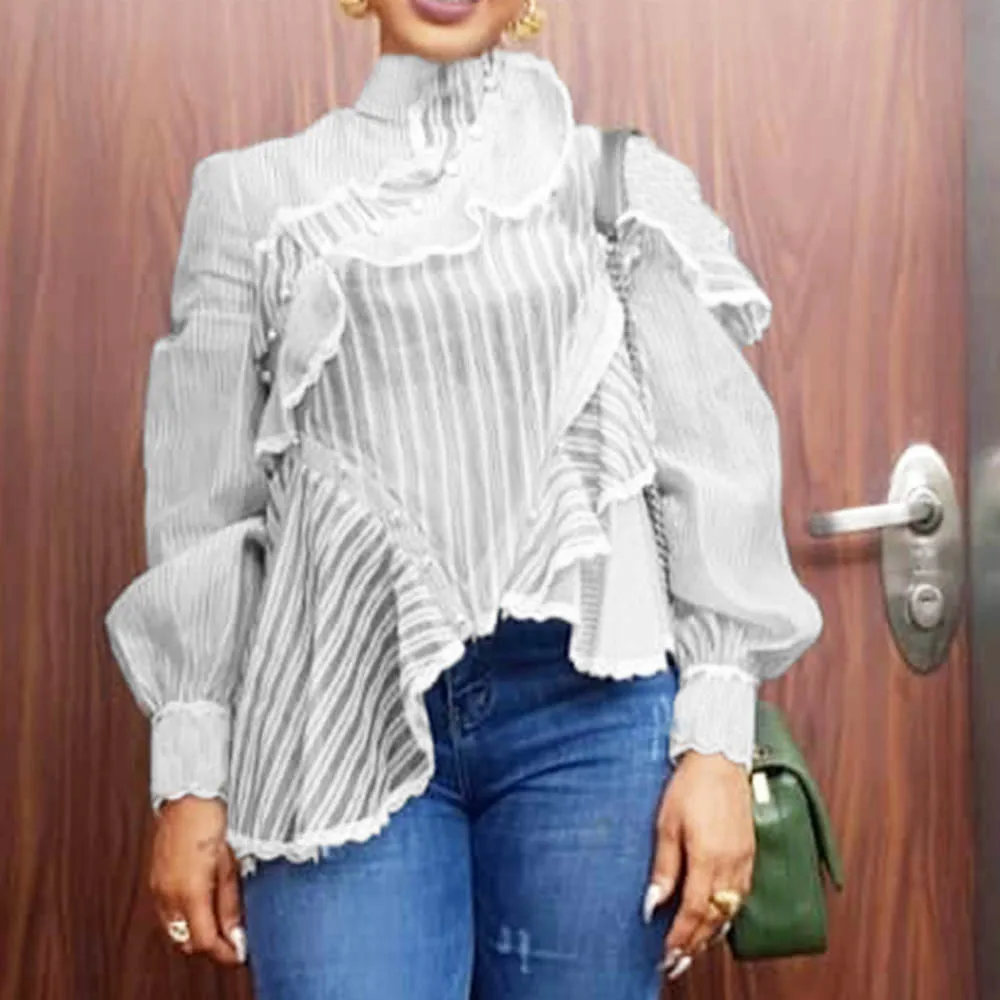 

Summer Elegant Sexy Office Ladies Club Women Blouses Casual Plus Size Slim White Lantern Sleeve Falbala Mesh Female Tops Shirts