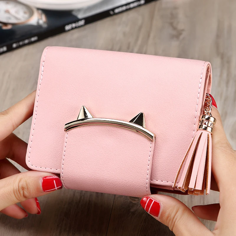 

2021 Cute Cat Ears Leather Vintage Tassel Women Wallet Luxury Brand Famous Short Mini Womens Wallets And Purses For Credit Cards