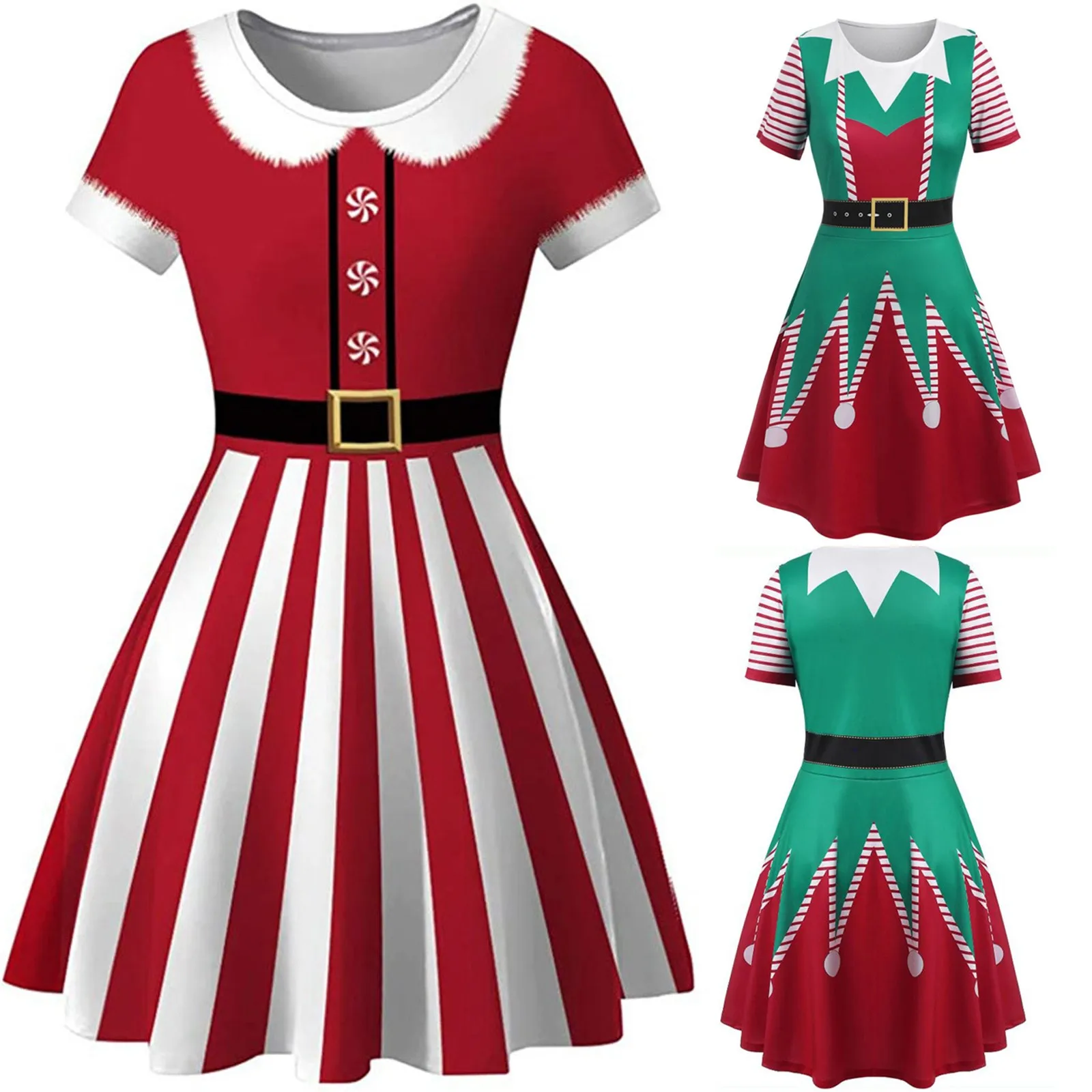 

Christmas Party Dress Women Casual Elegant Print Red Xmas Dress Vintage Retro O-neck Short Sleeve A-line Vestidos Robe Femme