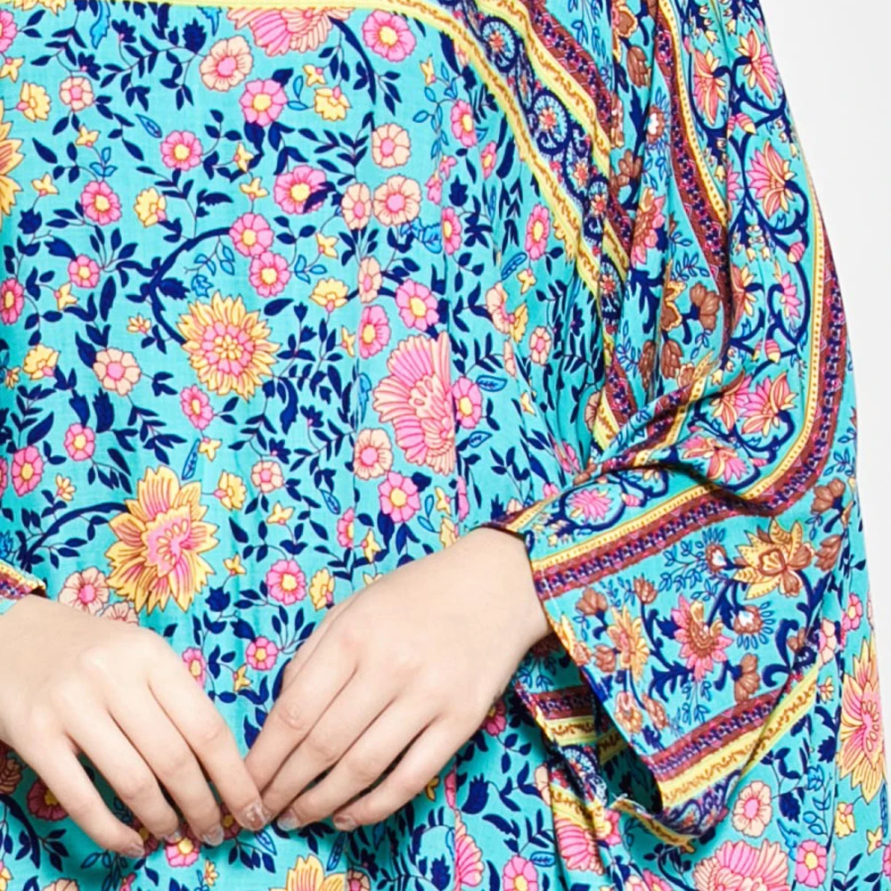 

Dubai Ramadan Batwing Sleeve Abaya Kaftan Flower Printed Muslim Women Long Dress Islamic Oversized Loose Maxi Robe Middle East