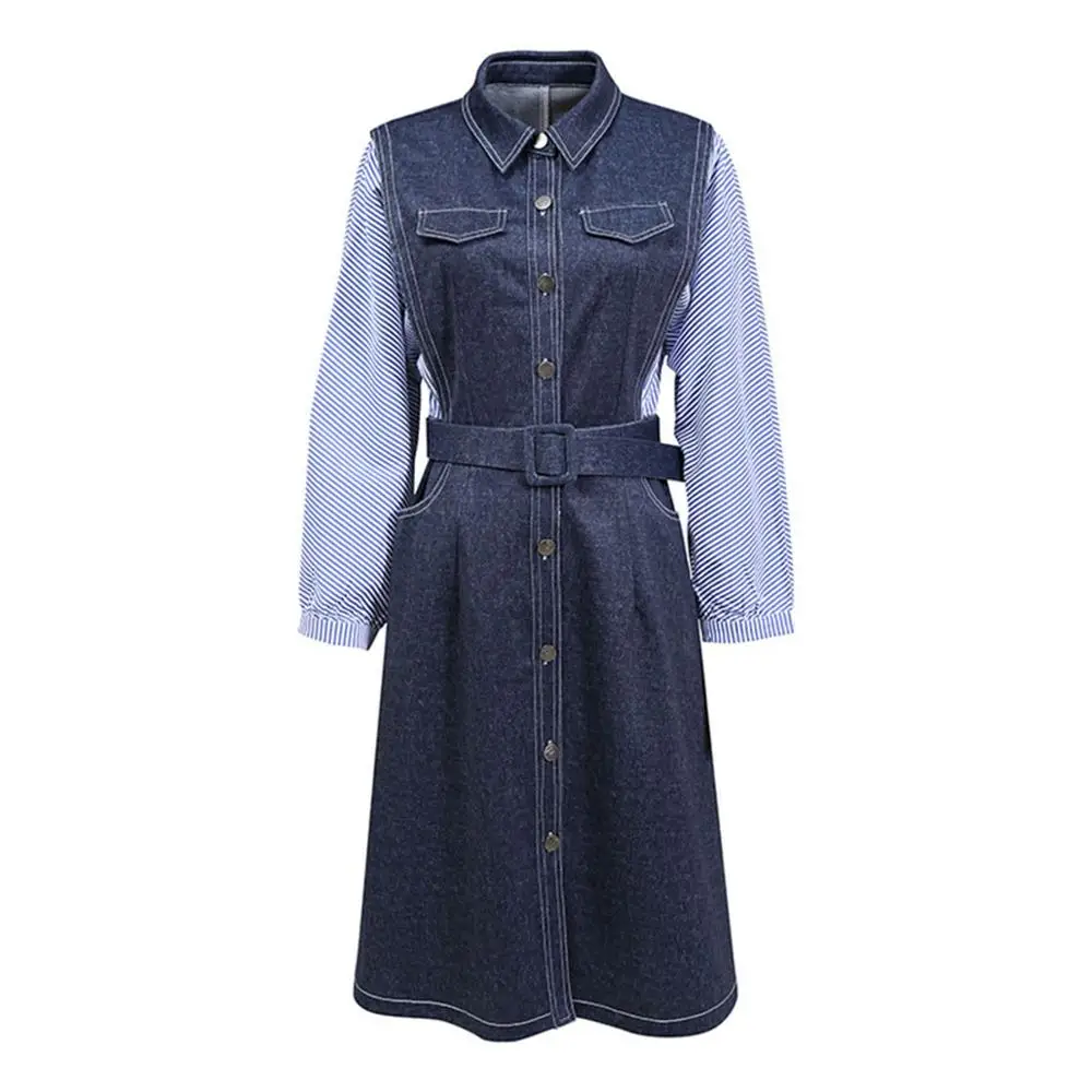 

Осенне-зимнее женское джинсовое платье в полоску, повседневное модное платье средней длины в европейском и американском стиле с поясом, в стиле пэчворк