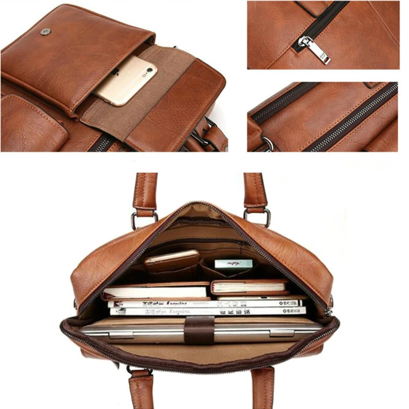 Fashion Men Briefcases Leather Handbag Men's Business Messenger Bag Two Pocket Soft Handle Laptop Bags Bolso Bandolera Hombre