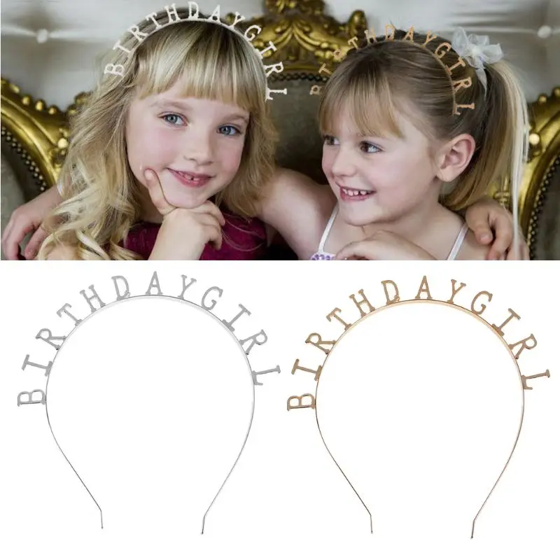 

Women Metal Alloy Thin Headband Hollow Out Birthday Girl Letters Hair Hoop Polished Metallic Party Festivals Crown Photo Props