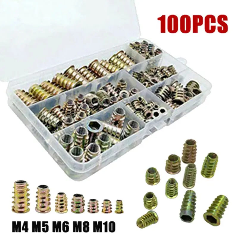 100pcs Zinc Alloy Furniture Hex Socket Screw Inserts M4 M5 M6 M8 M10 Threaded Drive Tool Kit Wood Nuts |