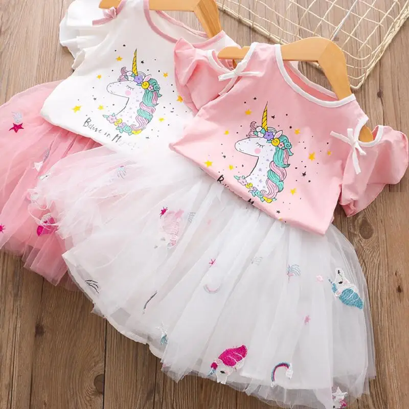 

Unicorn Girls Dress Sets Summer Cute Princess Dress Unicorn T- Shirt + Gauze Cartoon Dress 2PCS Children Clothing 3-8Y kids GT08