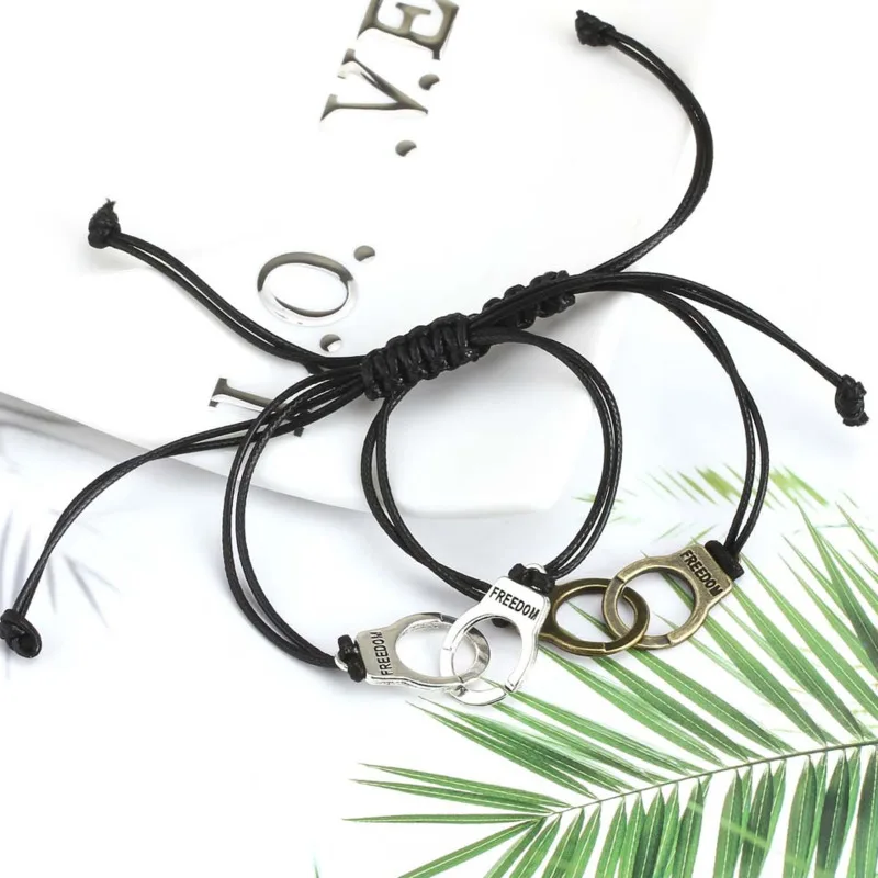 

Creative Adjustable Retro Silver Bronze Color Handcuffs Woven Rope Chain Bracelet Female Couple Jewelry For Men And Women Gift