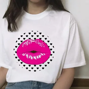 Harajuku Sexy polka dot lips Print T-shirt Funny top Fashion T shirt 2021 Summer T-shirt O-neck Short sleeve Tshirt Girls