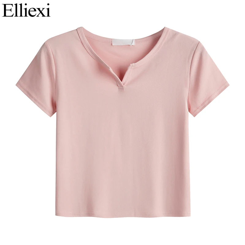 

Elliexi Pink V Neck T Shirt Women Essential Basic Short Sleeve Solid Slim Crop Tops Tees Unfinished Cotton Stretch TShort Top