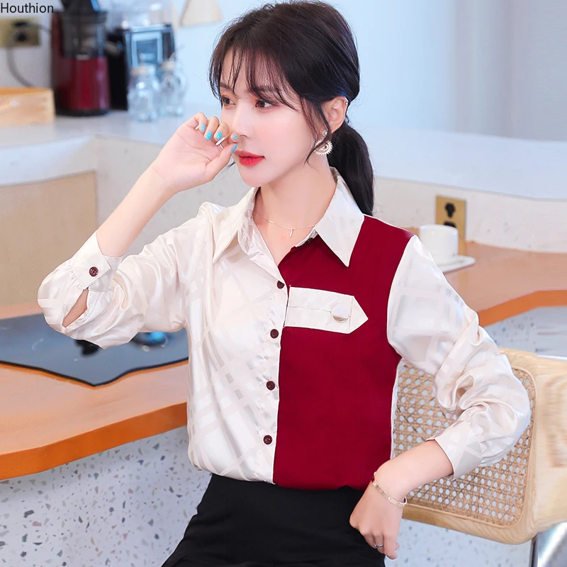 

Loose Women's Blouse Summer Top Splicing Solid Color Fashion Blouses New Satin Tops Casual Polo Shirts Long Sleeve Shirt 10010