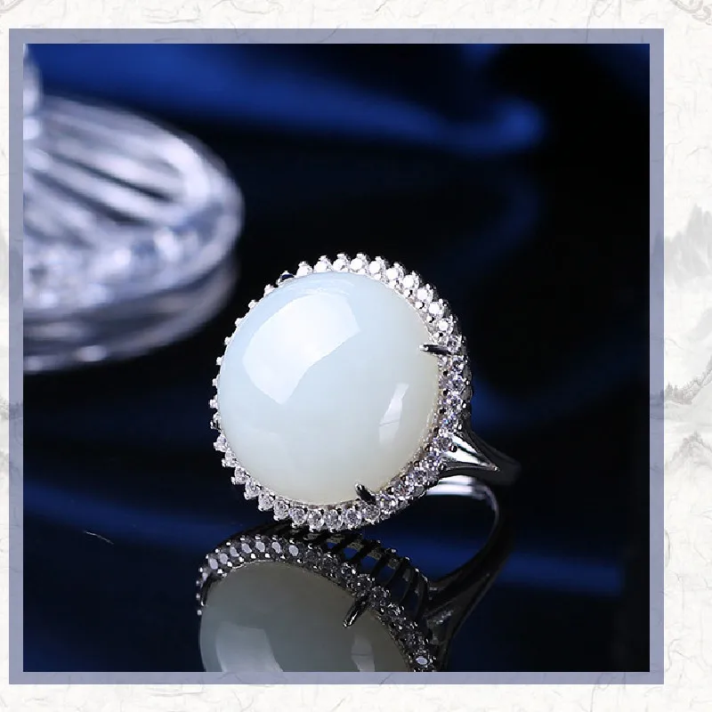 Кольцо из серебра 925 пробы с белым нефритом натурального нефрита | Украшения и