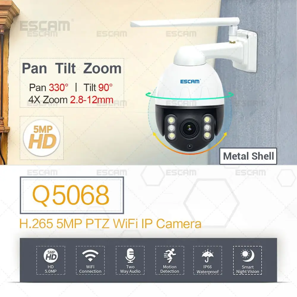 ESCAM Q5068 металлический чехол 5 Мп 1080P Беспроводная PTZ IP-камера P2P День Ночь цветной