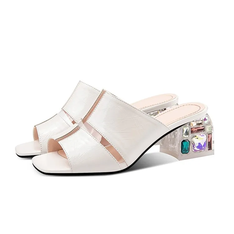 

slippers summer and autumn 2020 new cowhide square head sexy diamond thick heel women's shoes
