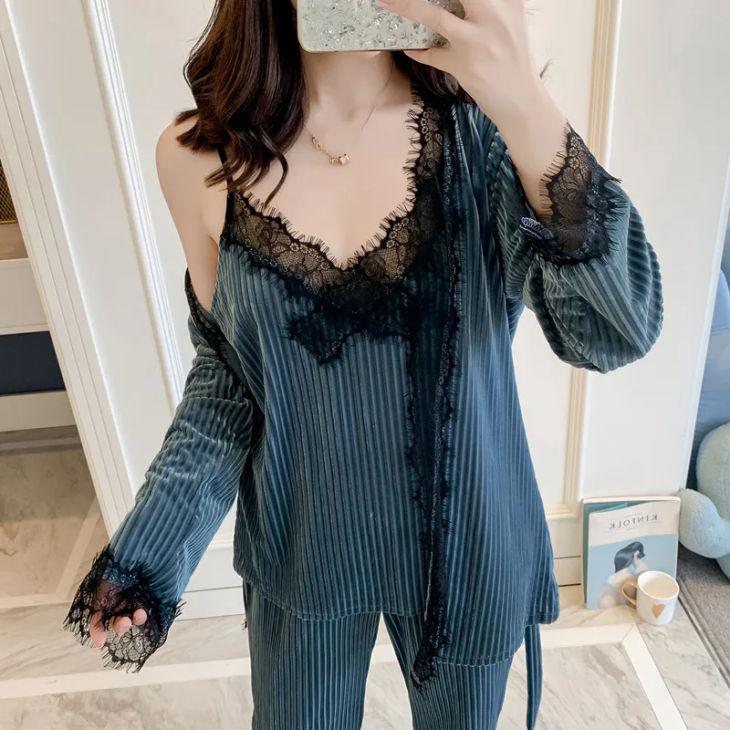 

Sexy 3PC Pajamas Set Womens Velour V-Neck Cami Nighties Wear Pijama Home Nightwear Nighty Spring Velvet Robe Gown Suit Nighties