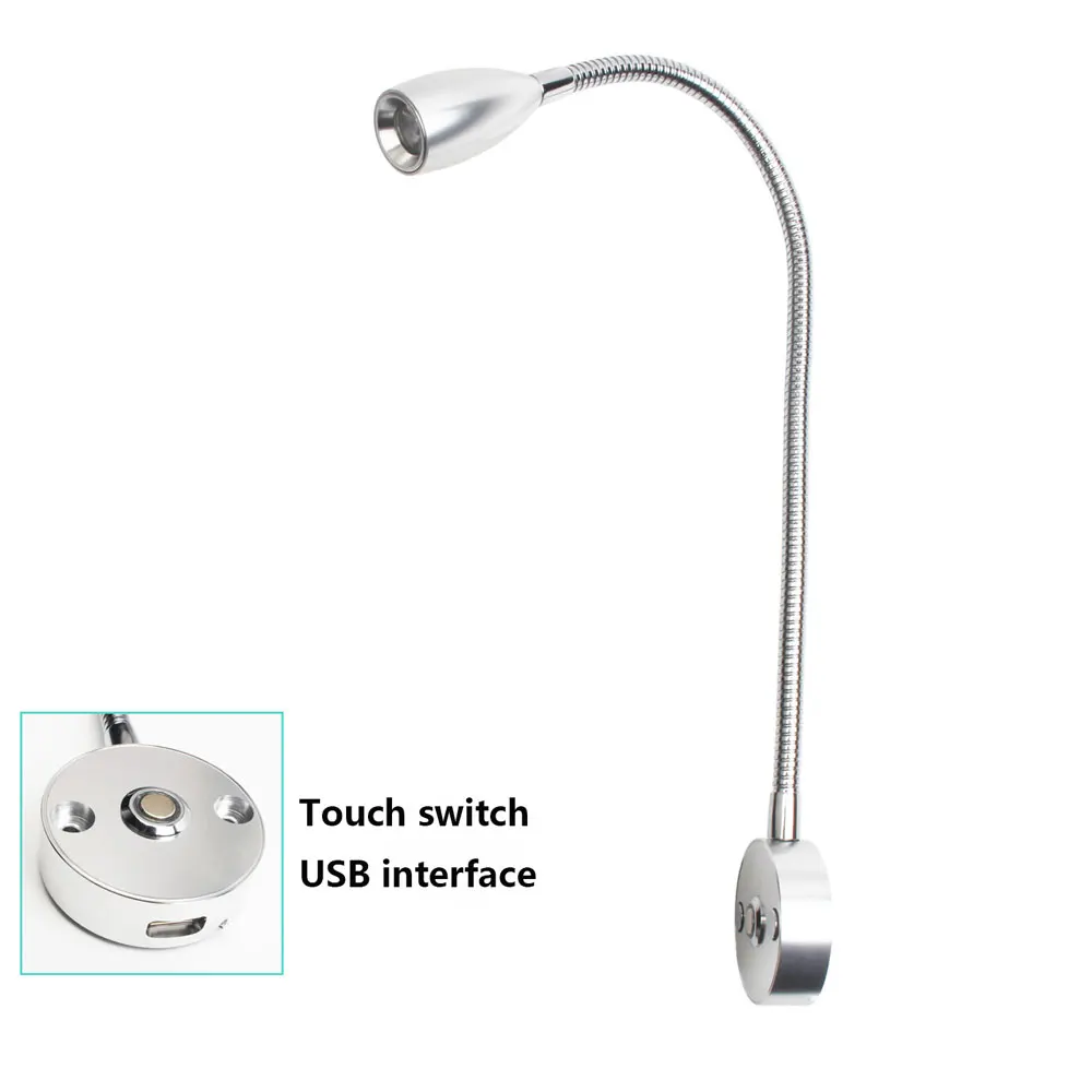 

Touch Switch LED Wall Lamp USB Rechargeable Port 12V 24V Hose Spotlight Hotel Bedroom Kitchen Bedside Reading Light Silver Black
