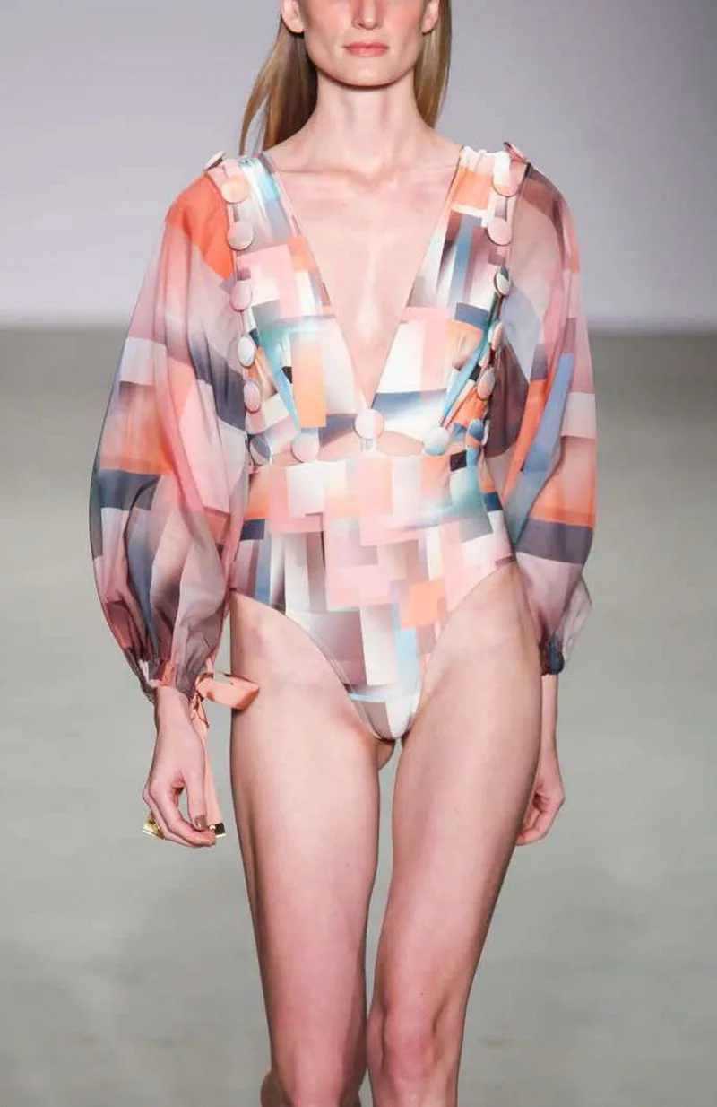 Купальный костюм с пуговицами монокини Цельный купальник длинным рукавом одежда