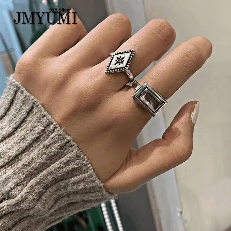

JMYUMI 925 Sterling Silver Opening Rings for Women Couples Fashion Simple Hollow Chain Geometric Punk Hiphop Party Jewelry Gift