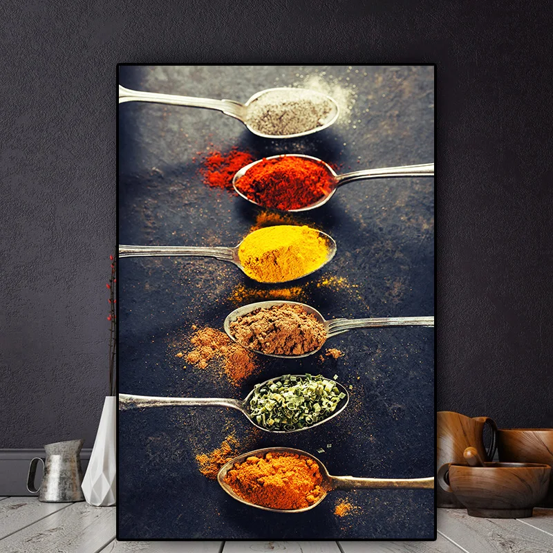 

Household seasoning Spices Peppers Spoon Kitchen Wall Painting Food Pictures Print Poster Art Canvas Paintings for Home Decor
