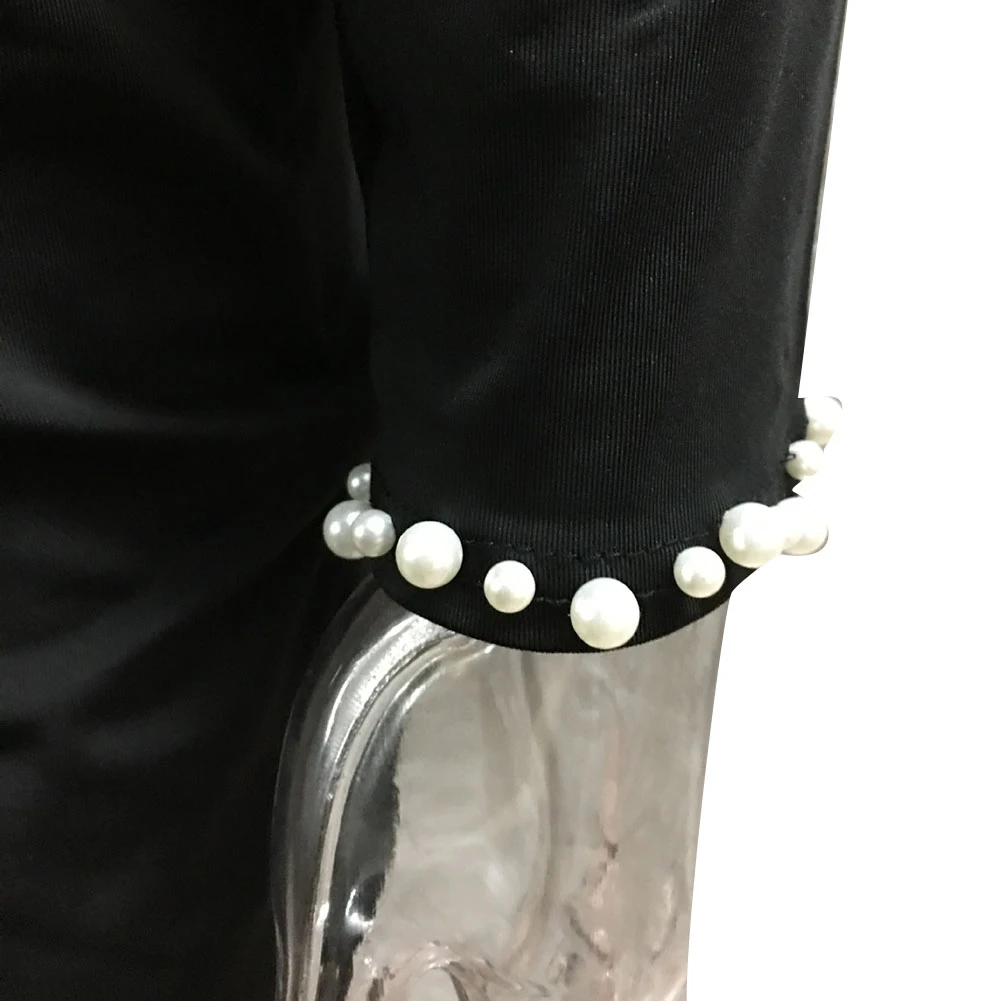 Women Solid Color O Neck Long Sleeve Imitation Pearls Decor Mini Dress 2020 Spring high quality | Женская одежда