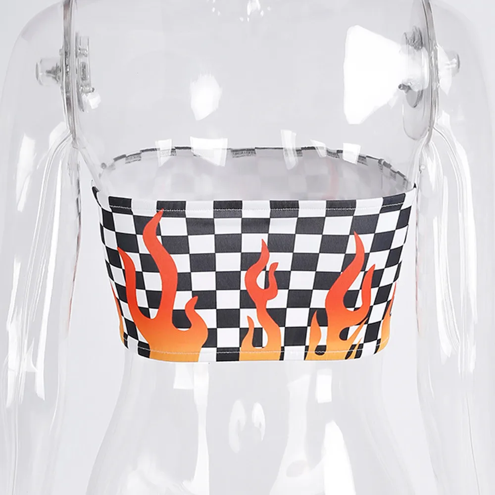 

2020 Fashion Women Vest Sexy Flame Print Tank Tops Vest Halter Lattice Plaid Blouse bustier crop top cropped Vest White Corset #