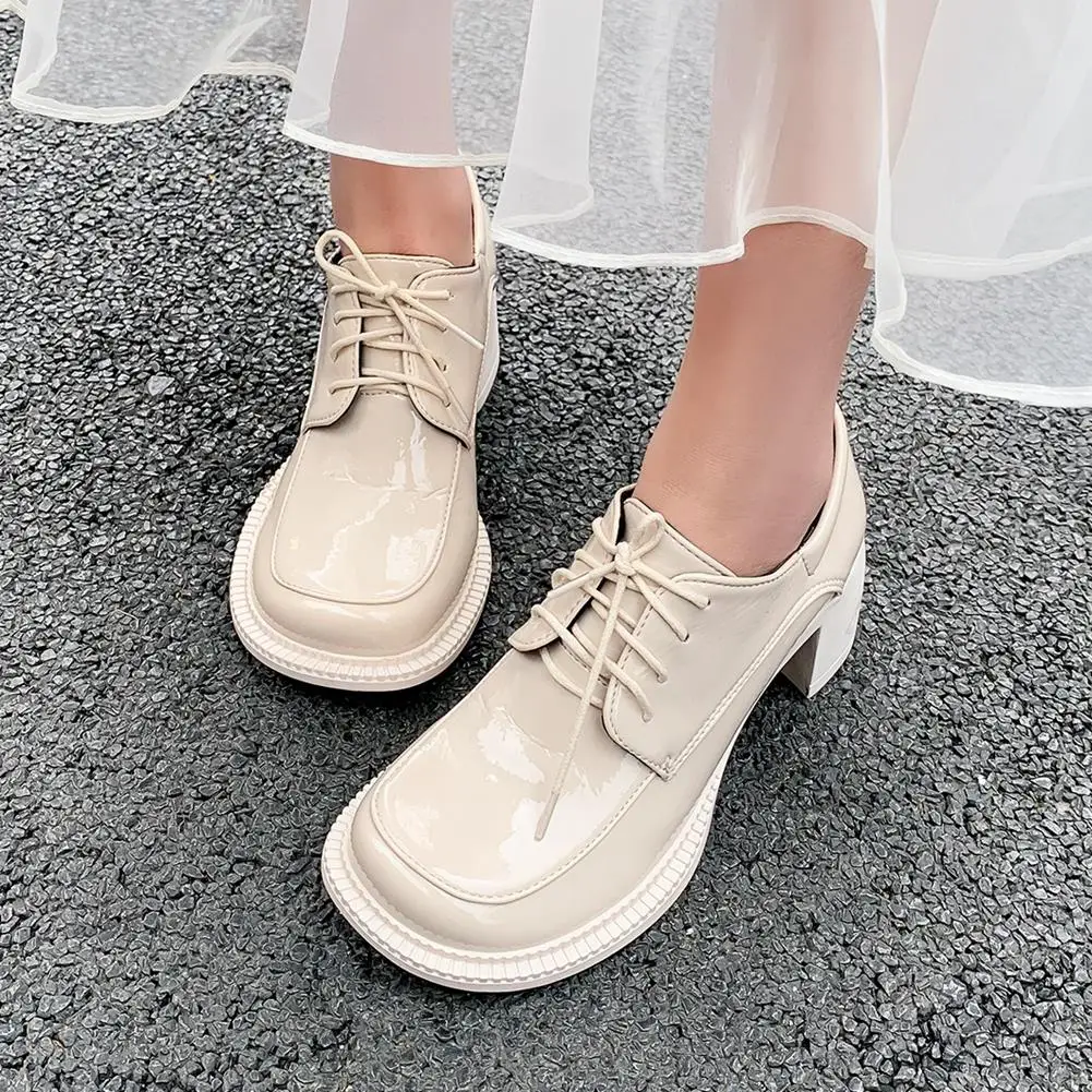 

BONJOMARISA Office Lady Round Toe Lace Up High Heels Pumps Sewing Classic Pumps Women Design Brand Spring Autumn Shoes Woman