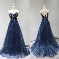 eye catching navy blue evening dresses shining beading applique with sequins long prom gowns