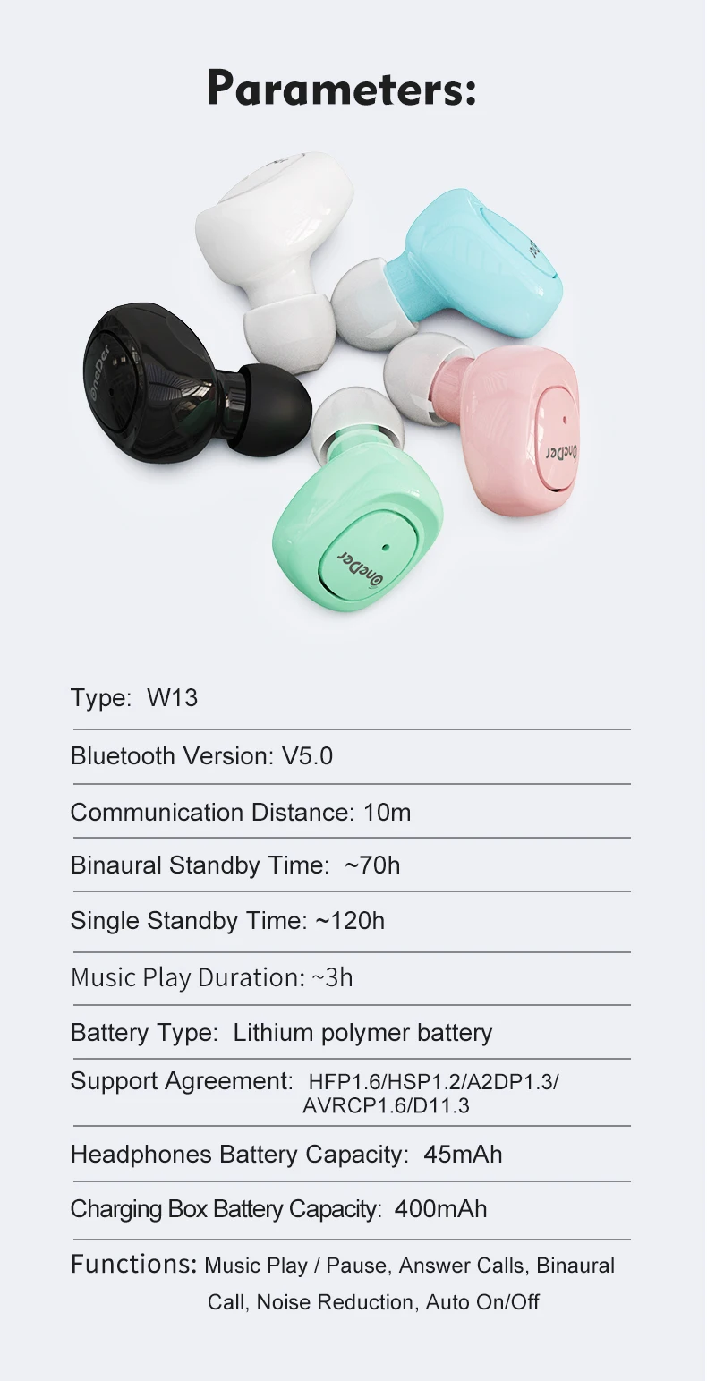 TWS беспроводные портативные мини наушники OneDer W13 bluetooth наушники с зарядным чехлом туры беспроводные наушники