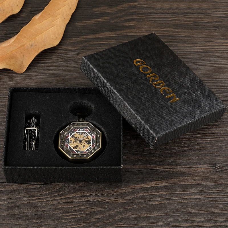Luxury Collection Mechanical Pocket Watch Antique Bronze Fob Chain Hollow Case Hanging Clock with Gift Box for Men Dropshipping
