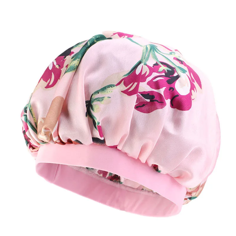 

Women satin bonnets flower pattern silky turban hair bonnet elastic band head wrap accessories makeup cap night sleep cap TB-75A