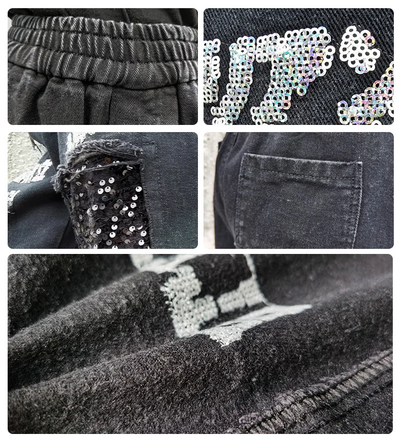 

Trendy Hipster Sequin Jeans Women Slouchy Denim Pants Stitch Patch Velvet Korean Harajuku Stylish Trousers Streetwear Winter