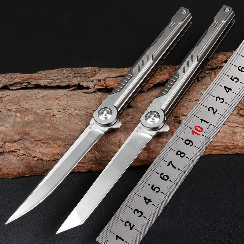 Folding Knife Outdoor Self-Defense Knives High Hardness Titanium Handle Pocket Knife EDC Camping Survival Knife +Nylon Sleeve