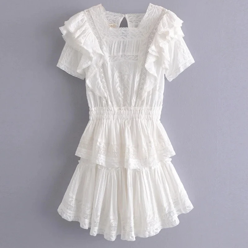 

GypsyLady 100% Cotton Lace Embroidery Mini Dress Summer Sheer Sexy White Dresses for Women Ruffles Holiday Ladies Female Dress