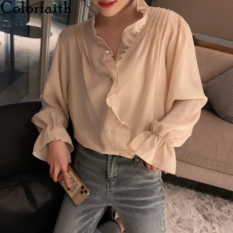 Женская блузка с оборками Colorfaith модная однобортная Повседневная рубашка