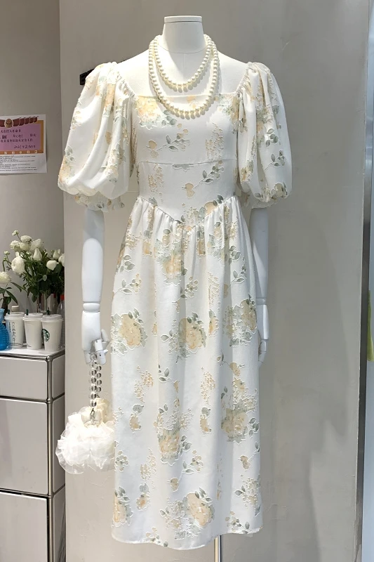 

Summer Women Elegant Fashion Square Collar Short Puff Sleeve Long Dress Lady Super Fairy Floral Pattern Backless Dress