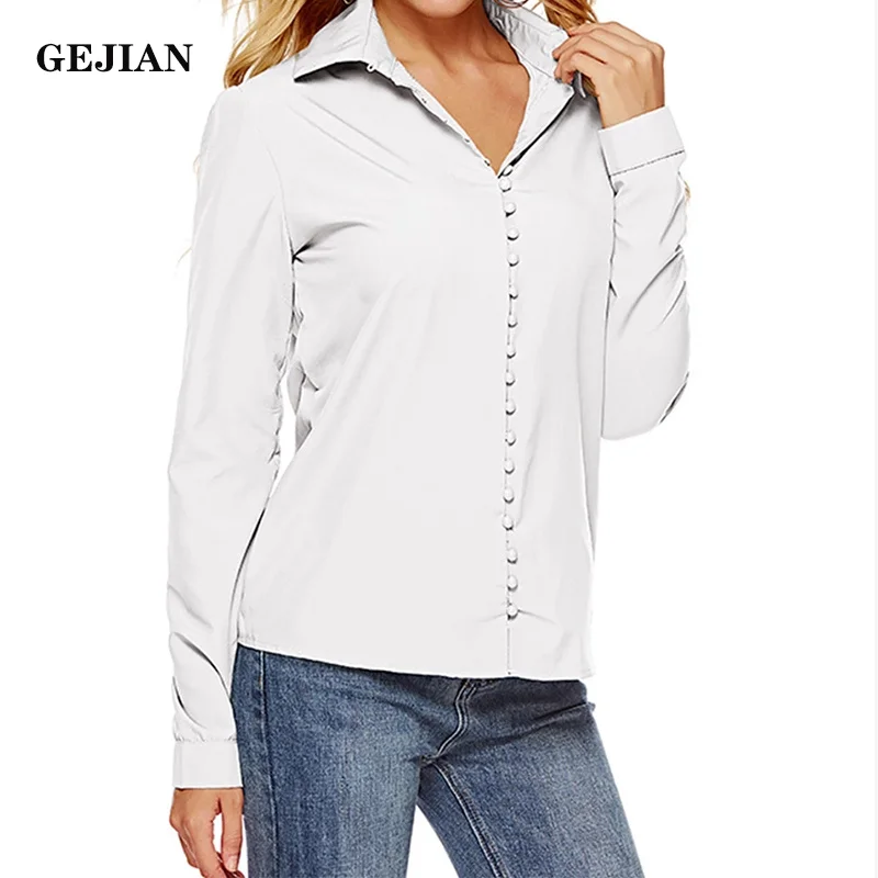 GEJIAN Повседневная Однотонная рубашка с длинными рукавами отворотами женская