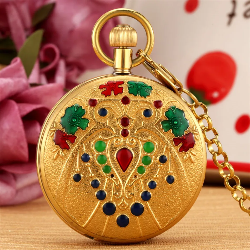 

Vintage Flowers Pattern Gold Copper Automatic Watch Antique Pendant Pocket Clock Double Hunters Self-Winding Pocket Watches