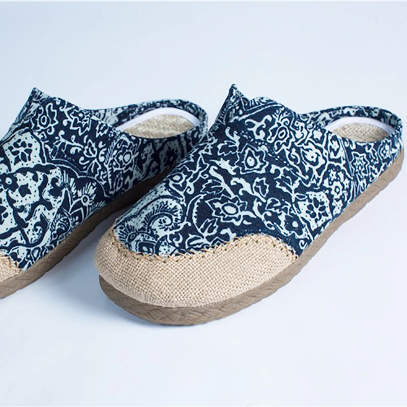 Unisex Handmade Fisherman shoes Comfortable Linen Loafers Zapatillas Blue Porcelain Floral Casual Breathable Flats Sapatos