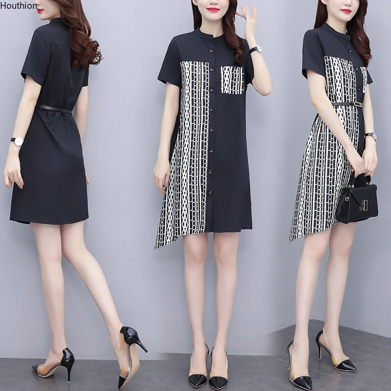 

Houthion Women Dresses Retro Chiffon Midi Dress Knee-Length Button Short Sleeve Take Waist New Fashion Casual Plus Size Summer
