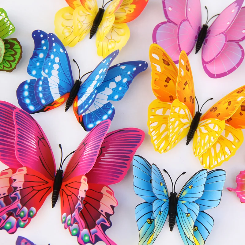 

12Pcs Mixed color Double layer Butterfly 3D Wall Sticker for wedding decoration Magnet Butterflies Fridge stickers toy