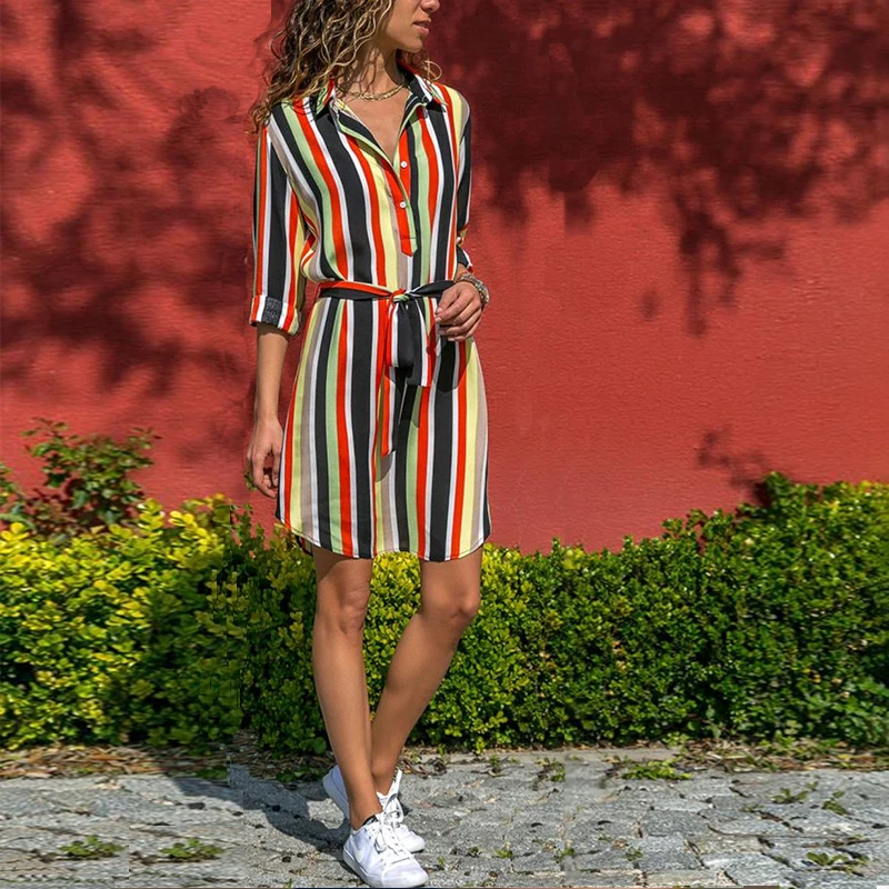 Женское шифоновое платье-рубашка с поясом и длинным рукавом | Женская одежда