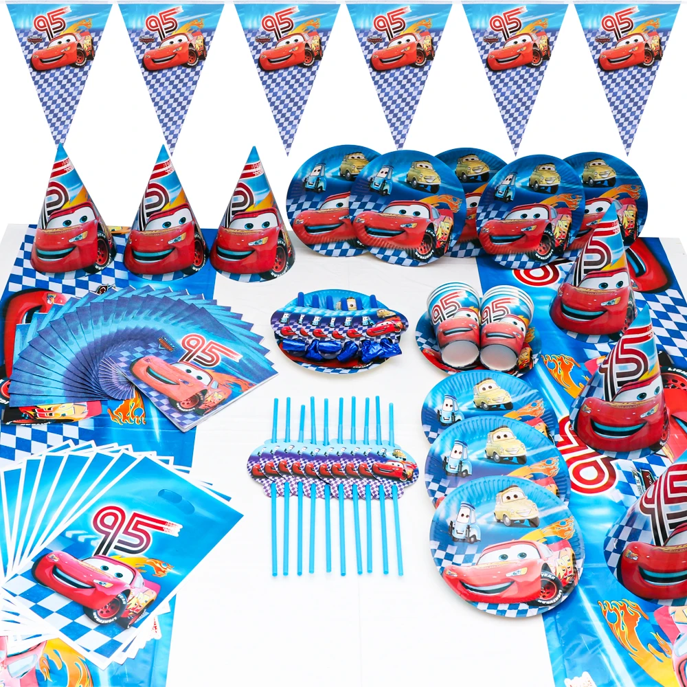 

Disney Lightning McQueen Cars Tablecloth Plates Cups Hat Flags Birthday Party Supplies Baby Shower Disposable Tableware Decors