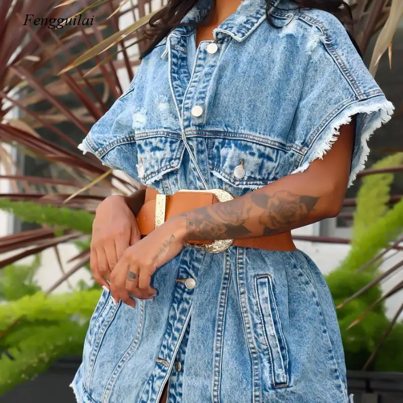 

2021 Summer and Autumn Fashion Strapless Long-Sleeved Denim Jacket with Wide Belt Ripped Denim Jacket Vest
