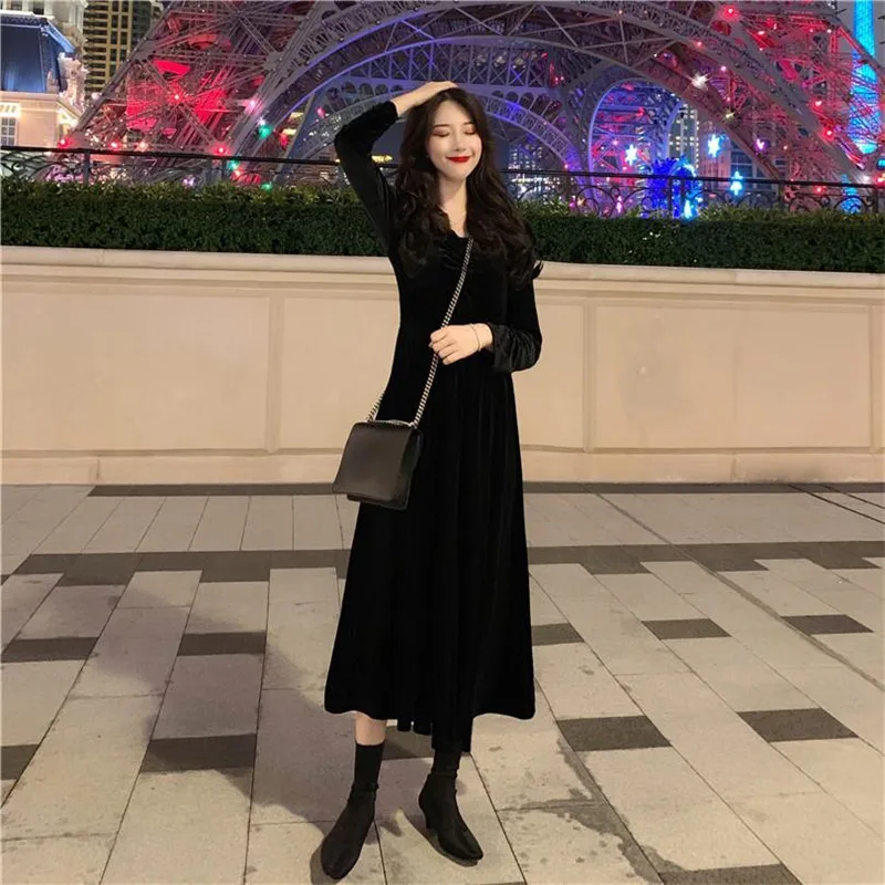 В винтажном стиле Цвет красный черный утепленное бархатное платье Мода для