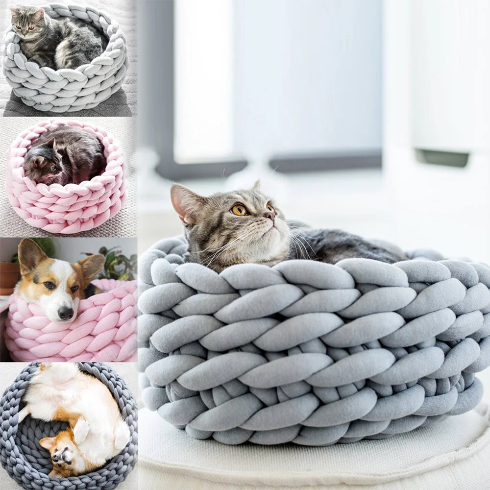 

MEW Warm Pet Cat Nest DIY Woven Pet Bed Kennel Fuzzy Round Cat Bed Dog Sofa Cushion Puppy Sleeping House Kitten Bed Cat Basket