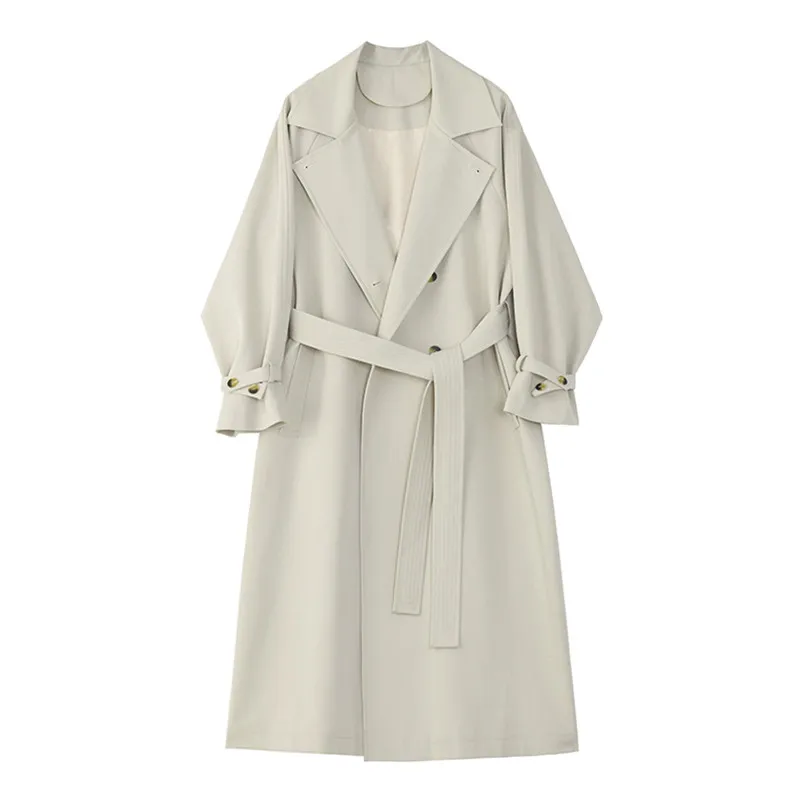 

Top Streetwear 2021 Turn-down Collar Double Breasted Trench Office Lady Solid Long overcoats S128