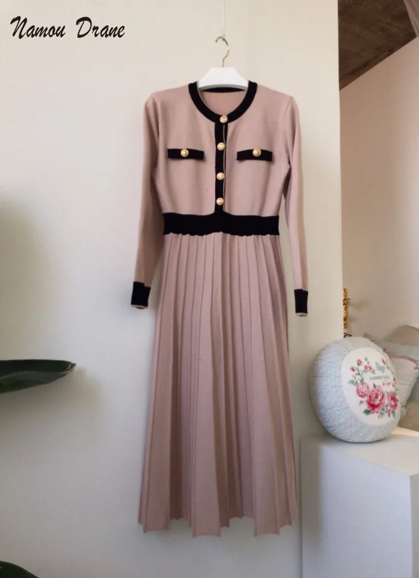 

Korean Vintage Elegant Knitted Long Dress Women 2021 Autumn Winter Full Sleeve O-neck Single-breasted Ladies Dresses Vestidos