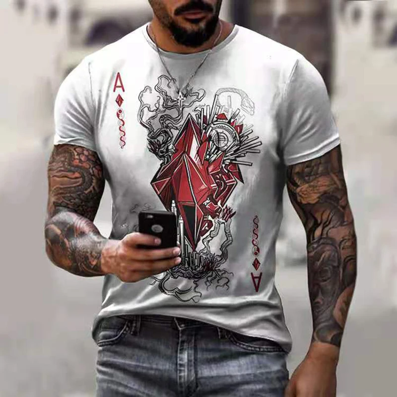 

2021Summer Men's New Fashion Trend 3D Printed Poker Pattern Round Neck Short Sleeve T-shirt