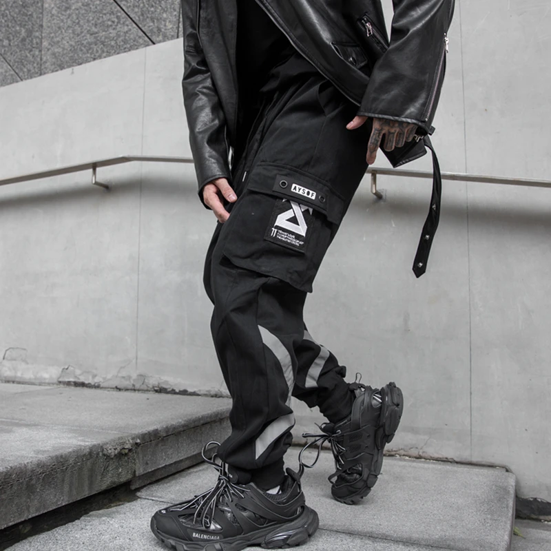 Мужские спортивные брюки-карго темно-синие с принтом боковыми карманами модные